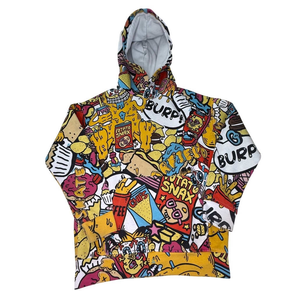 HM Kids Hoodie All Over Print Comic Snack Monster Multi Color Pullover Size 8-10